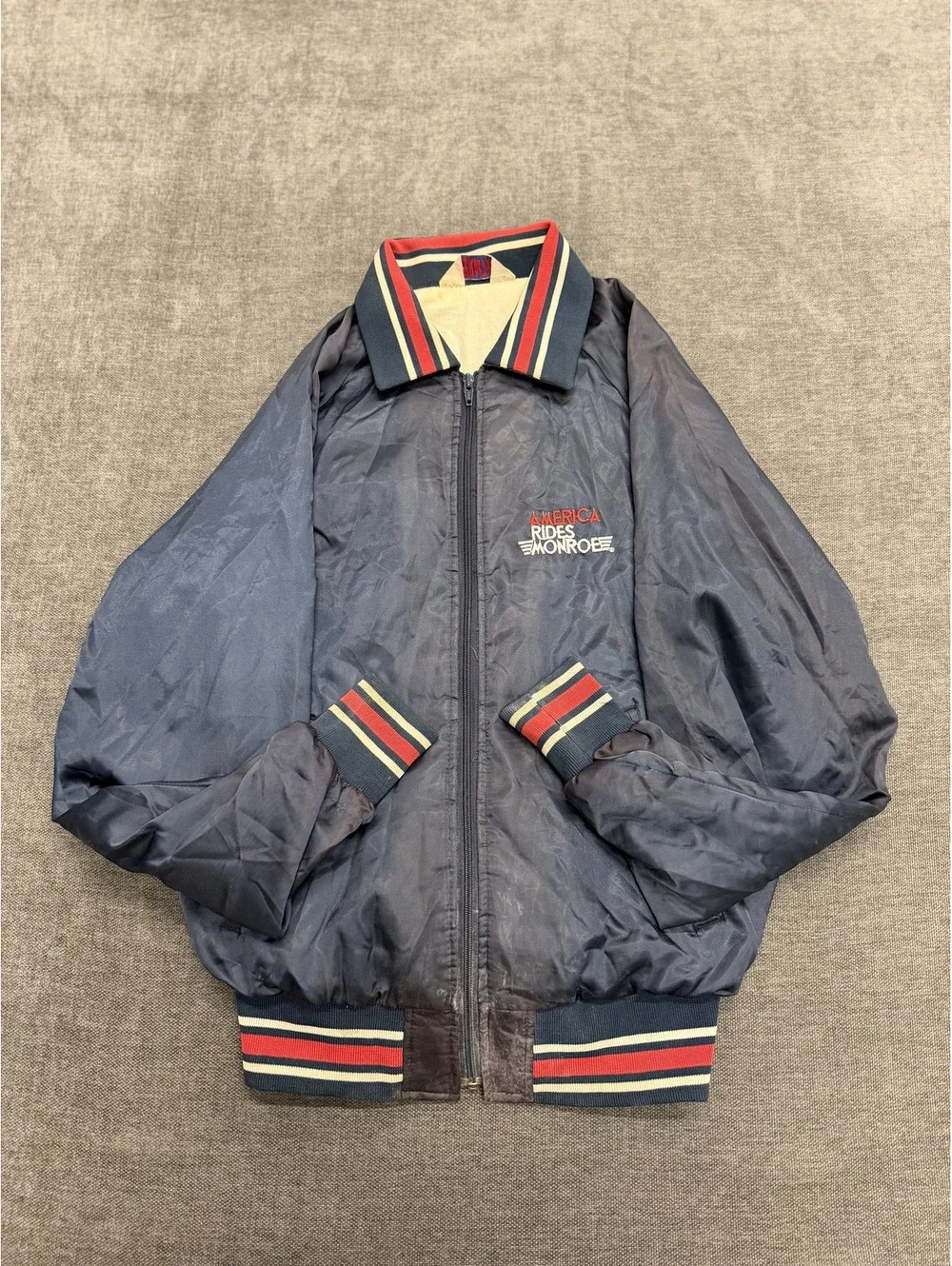Vintage MVP Corp Inc. America Rides Monroe Navy Blue Bomber Jacket Large